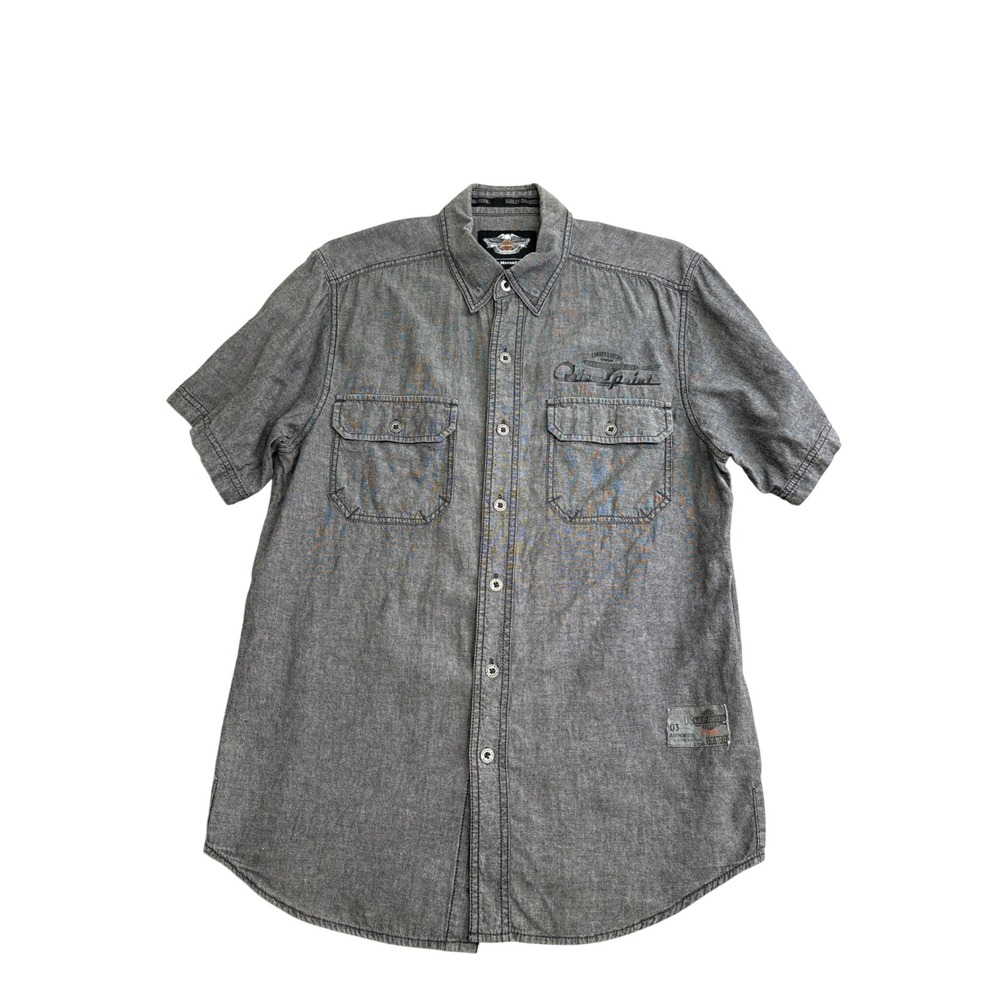Harley Davidson Mens Gray Short Sleeve Button Up Shirt Embroidered Logo Size M
